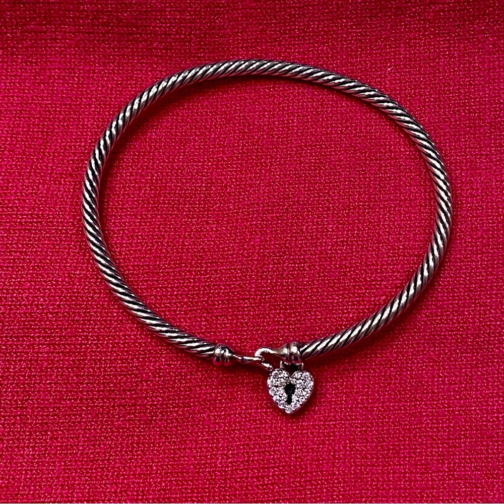 Silver Twisted David Yurman Bracelet with Diamond Heart Charm